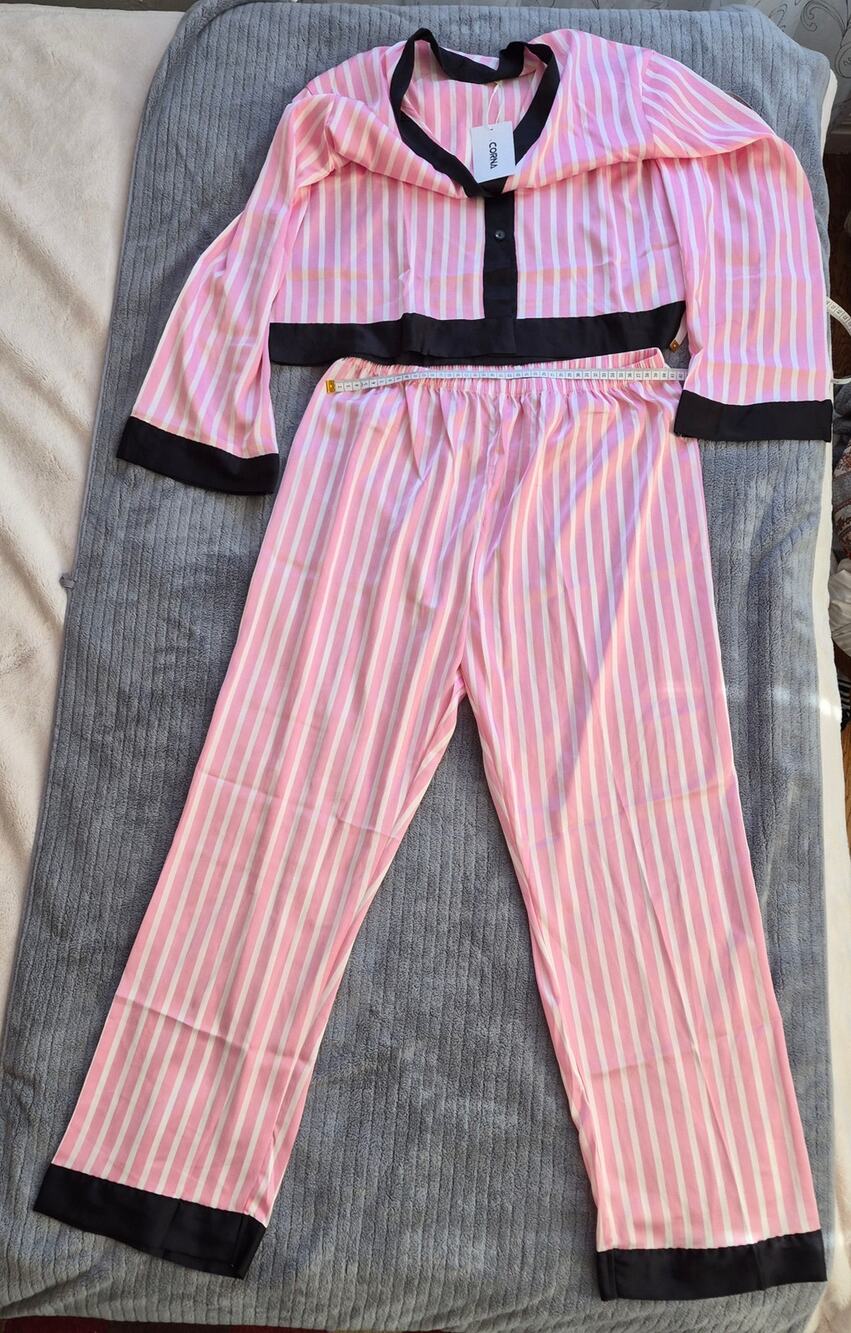 Corna Pink Striped Satin Pajama Set  Size 2XL Luxury Style